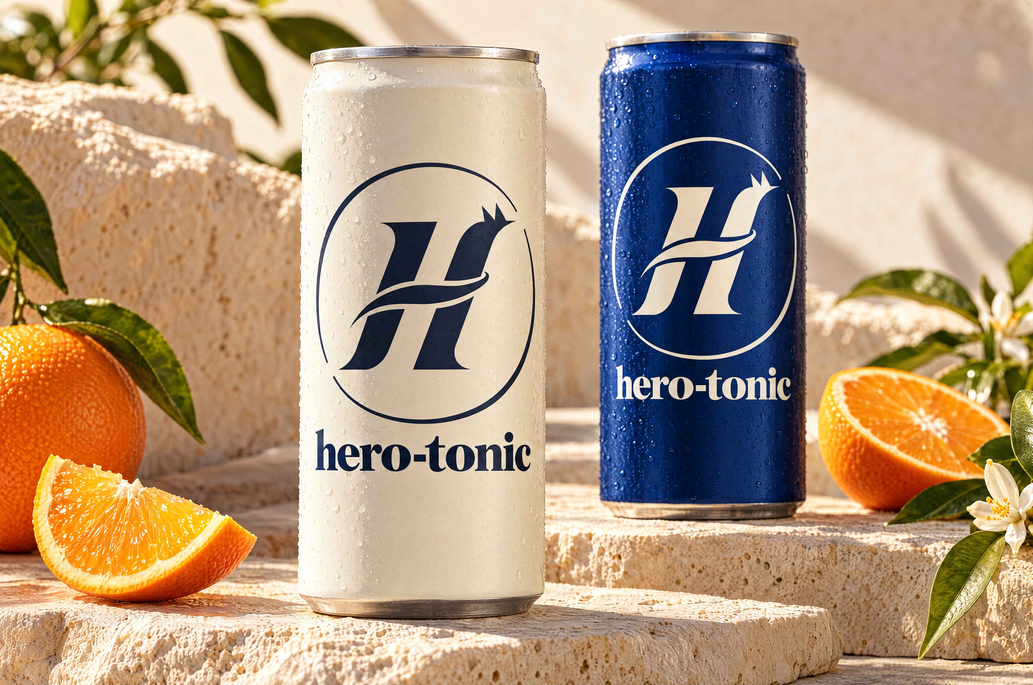 Hero-Tonic ivory and cobalt cans with citrus and warm sunlight