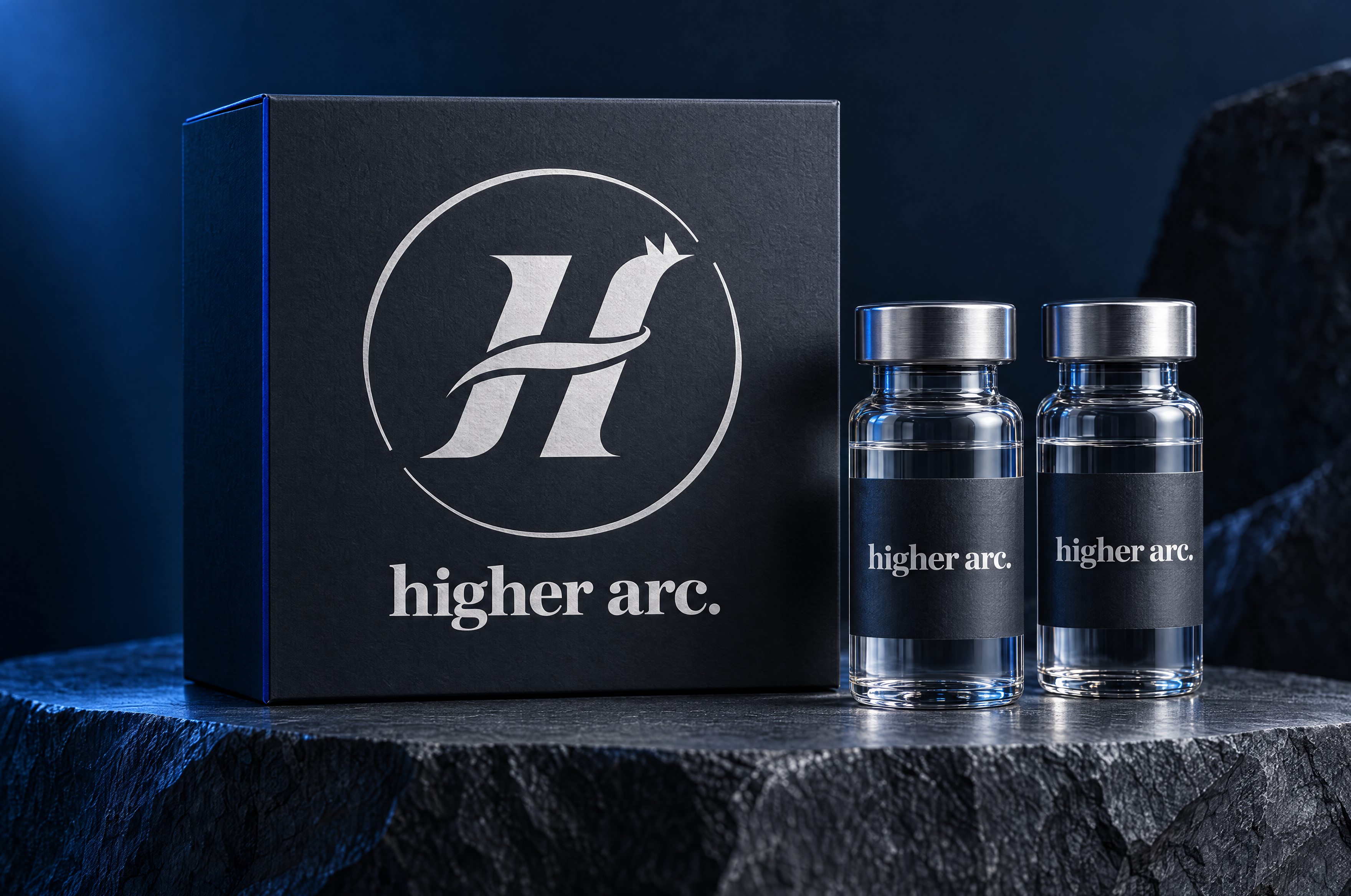 Higher Arc Obsidian box and glass vials with matching H emblems and metallic signature arcs